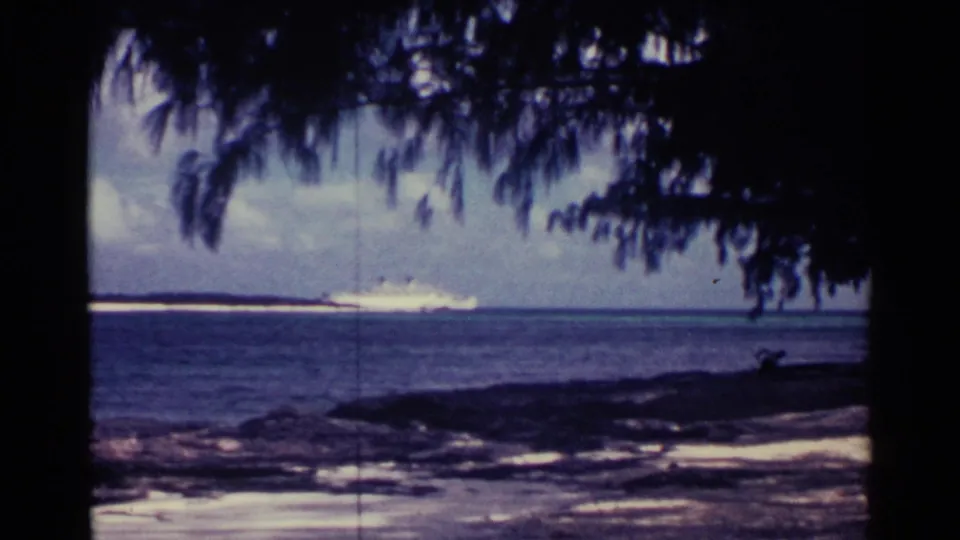 1963 Nassau shoreline view with surf in the foreground, dark palm branches overhead, blue water, and a distant cruise liner.