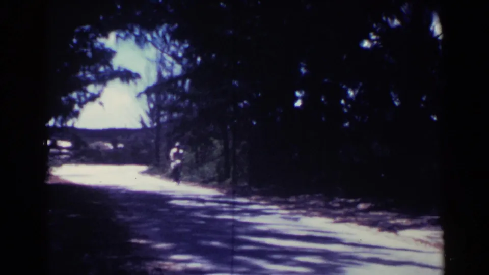 A shaded tropical road in Nassau appears with bright sun patches and a distant figure riding a bicycle along the roadside.