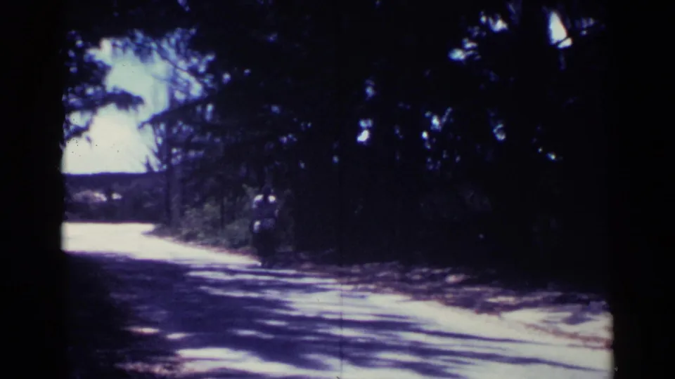 A distant bicyclist continues along a tropical Nassau road, framed by dark tree cover and bright patches of sun on the pavement.
