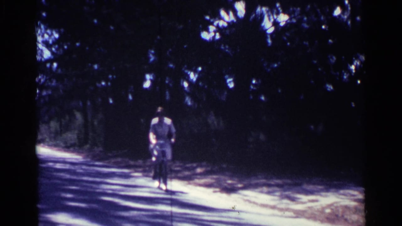 A woman cycles toward the camera on a shaded road in Nassau, Bahamas, with bright sun breaking through the trees.