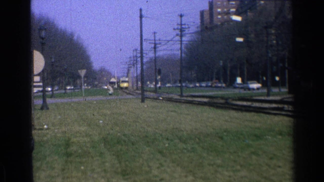 Distant yellow trolley on tracks beside a grassy park and overhead wires.