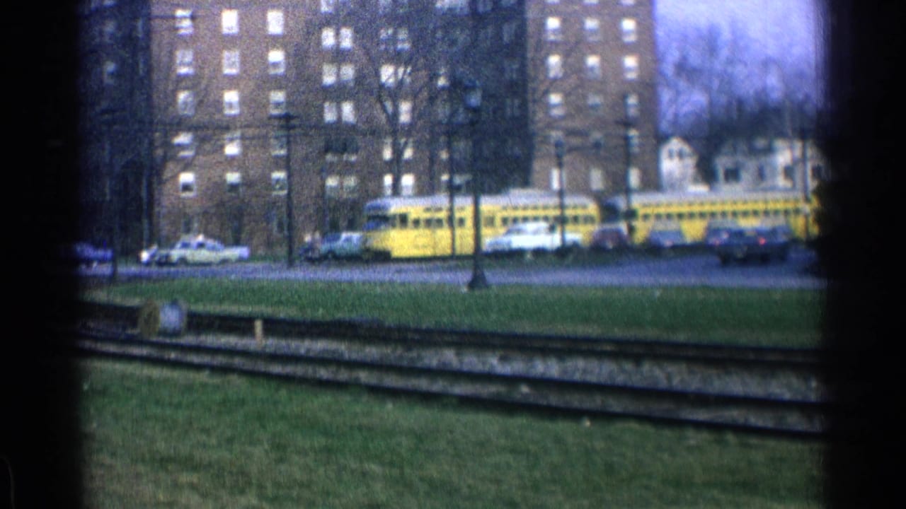 Yellow trolley and cars pass along a street behind grassy tracks and bare trees.