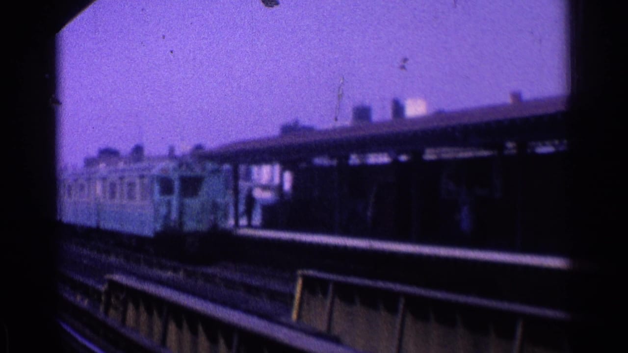 Pale train car beside a covered station platform with multiple tracks in the foreground.