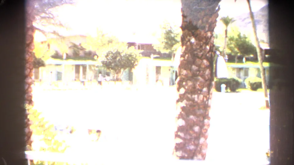 The final frame shifts to a bright, overexposed Scottsdale course-side view with a palm trunk and low buildings or structures.