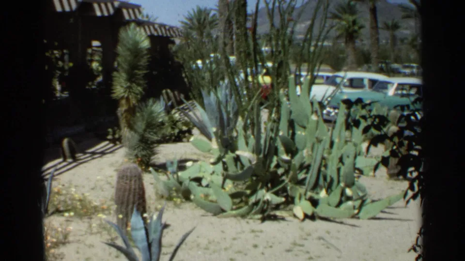 Scottsdale 1968 home-movie frame with cactus and agave landscaping, a shaded residential patio, parked cars, and mountains in the distance.