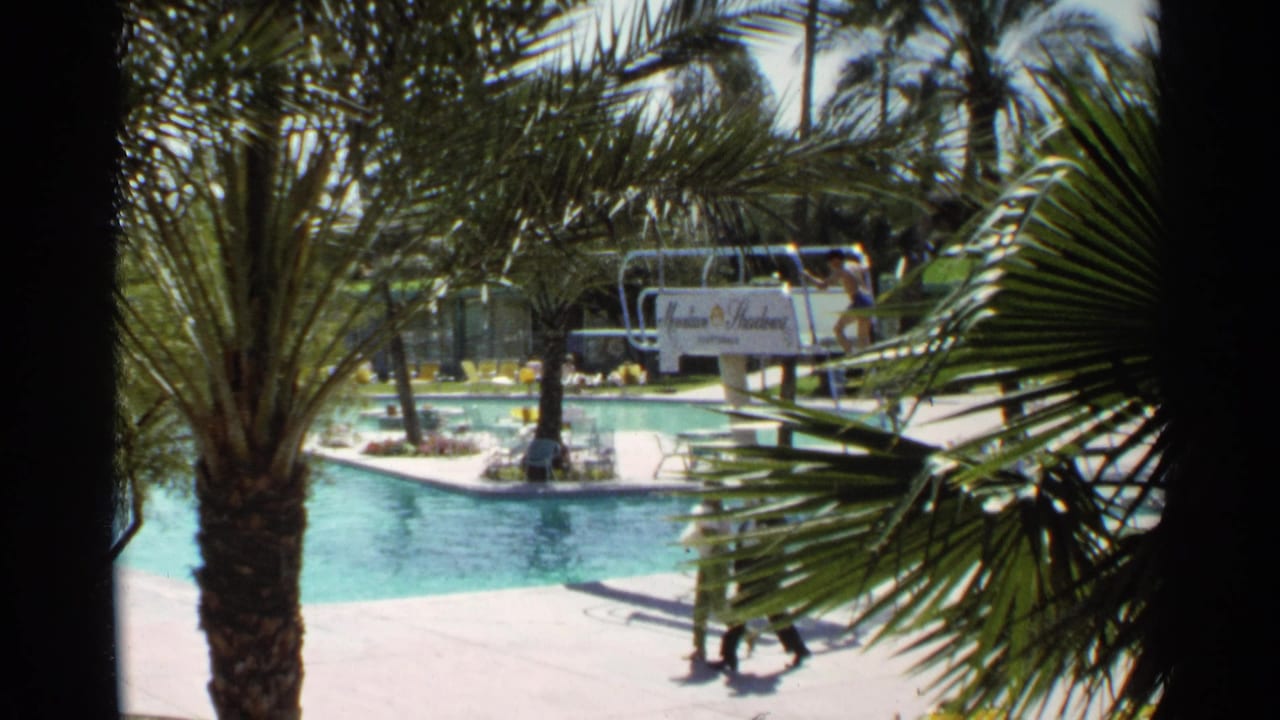 Poolside resort scene with palms, walking adults, lifeguard stand, and Mountain Shadows sign.