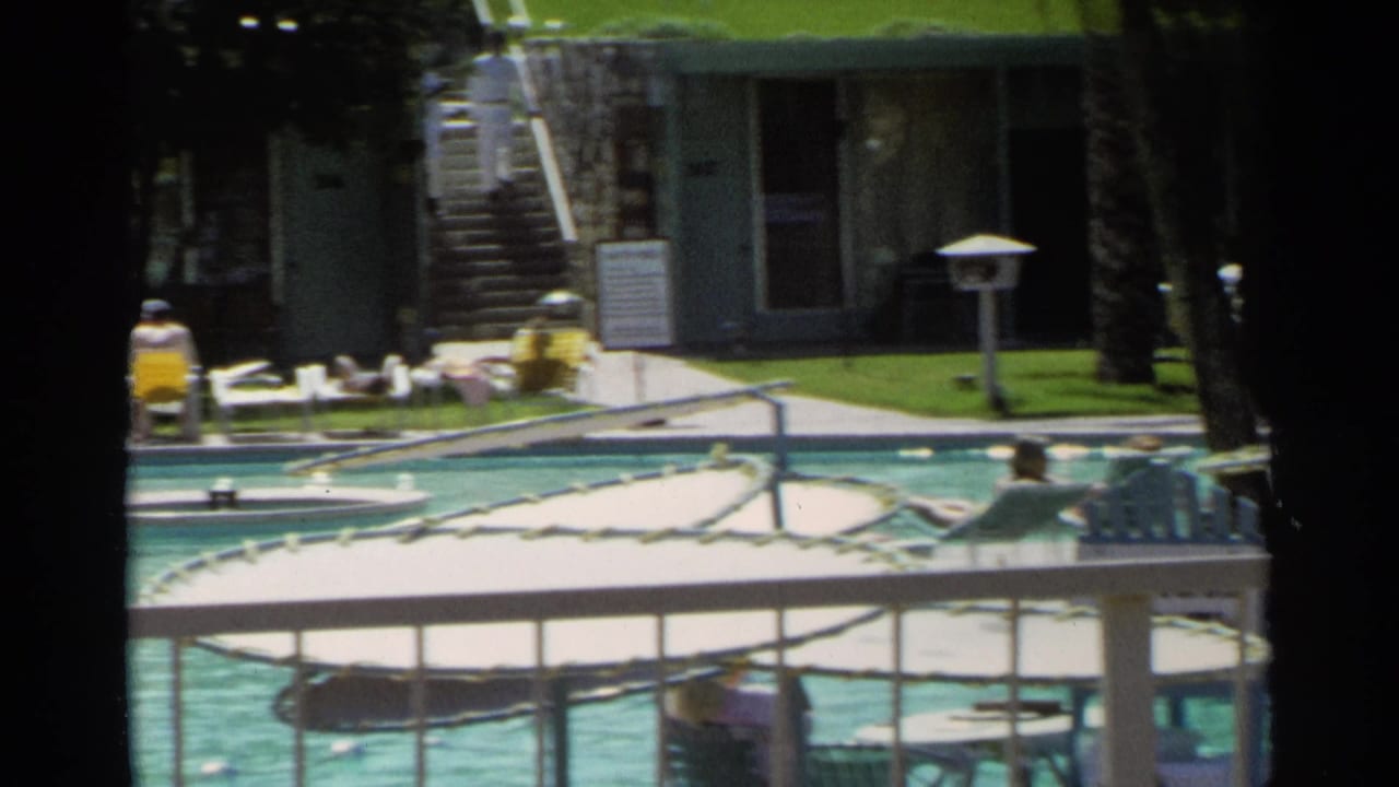 Poolside view with turquoise water, lounge chairs, palm trunks, and low buildings.