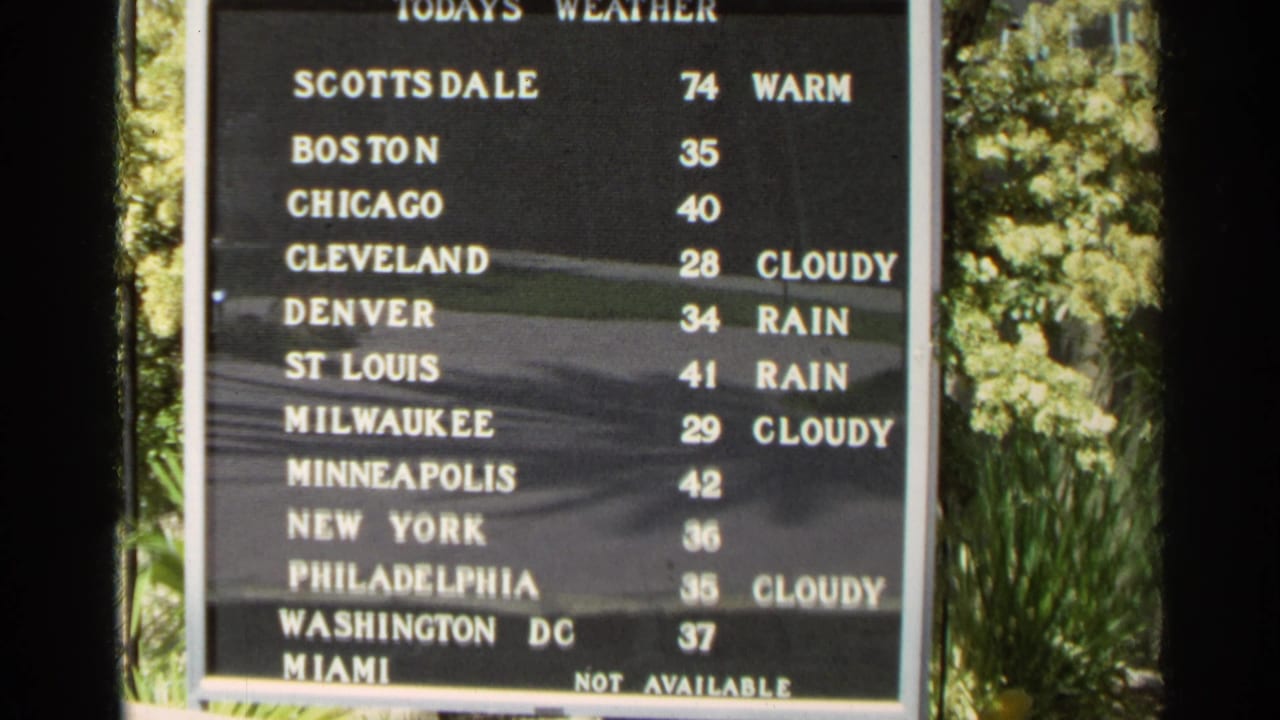 Weather board beside trees, listing Scottsdale as warm and other cities with colder temperatures.