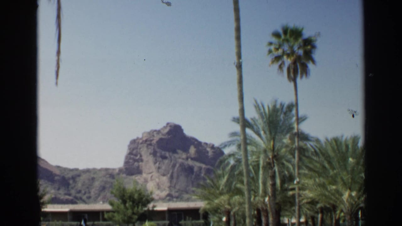 Palm trees and a rocky butte seen beyond a low building under a blue sky.