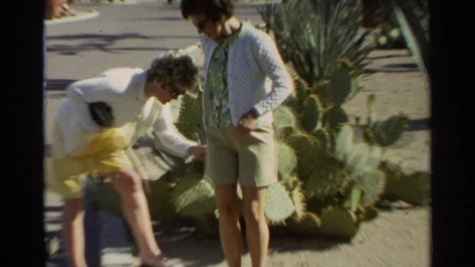 Two women in 1960s casual clothing examine a large cactus during a sunny Scottsdale desert outing.