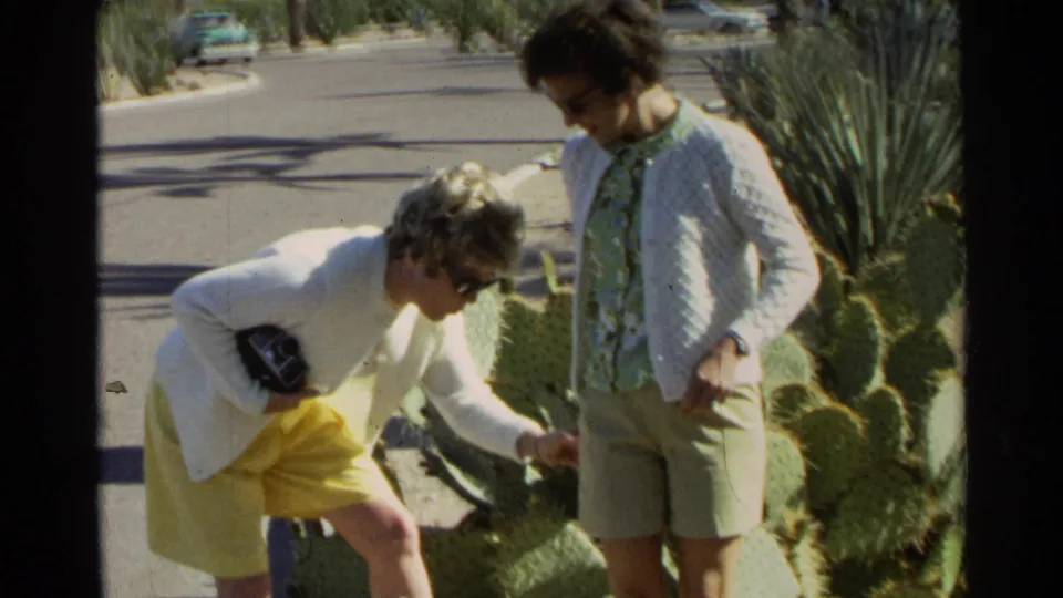 In 1968 Scottsdale, Arizona, two women stand by a roadside cactus patch as one bends to remove spines from yellow shorts.