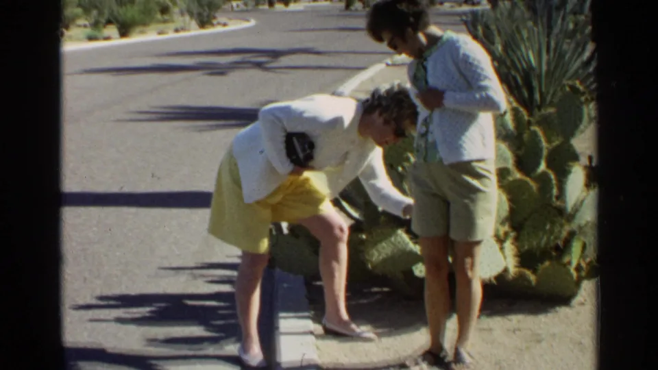 Beside a Scottsdale cactus patch, one woman leans over her yellow shorts while her companion looks down at the scene.