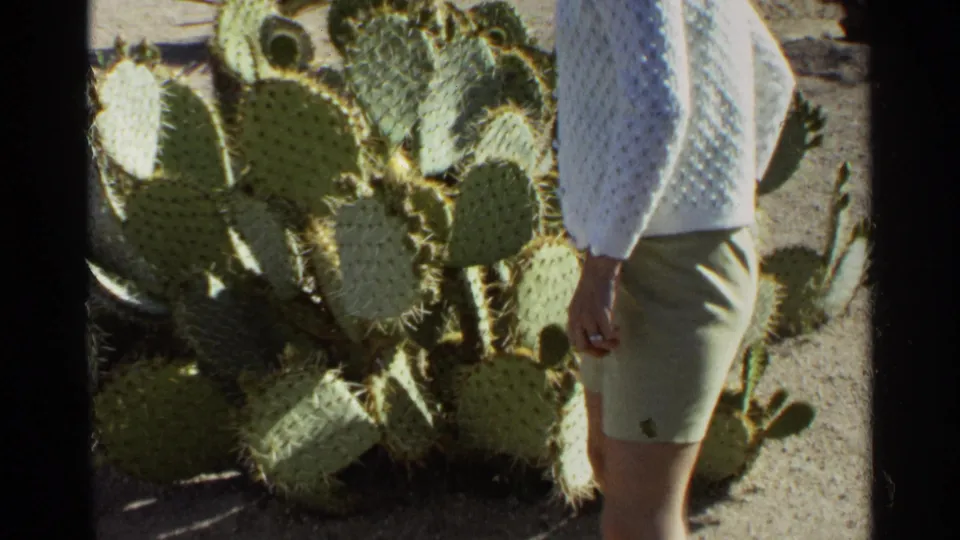 A close 8mm view frames prickly pear cactus pads, with the woman partially visible in her white sweater and light shorts.