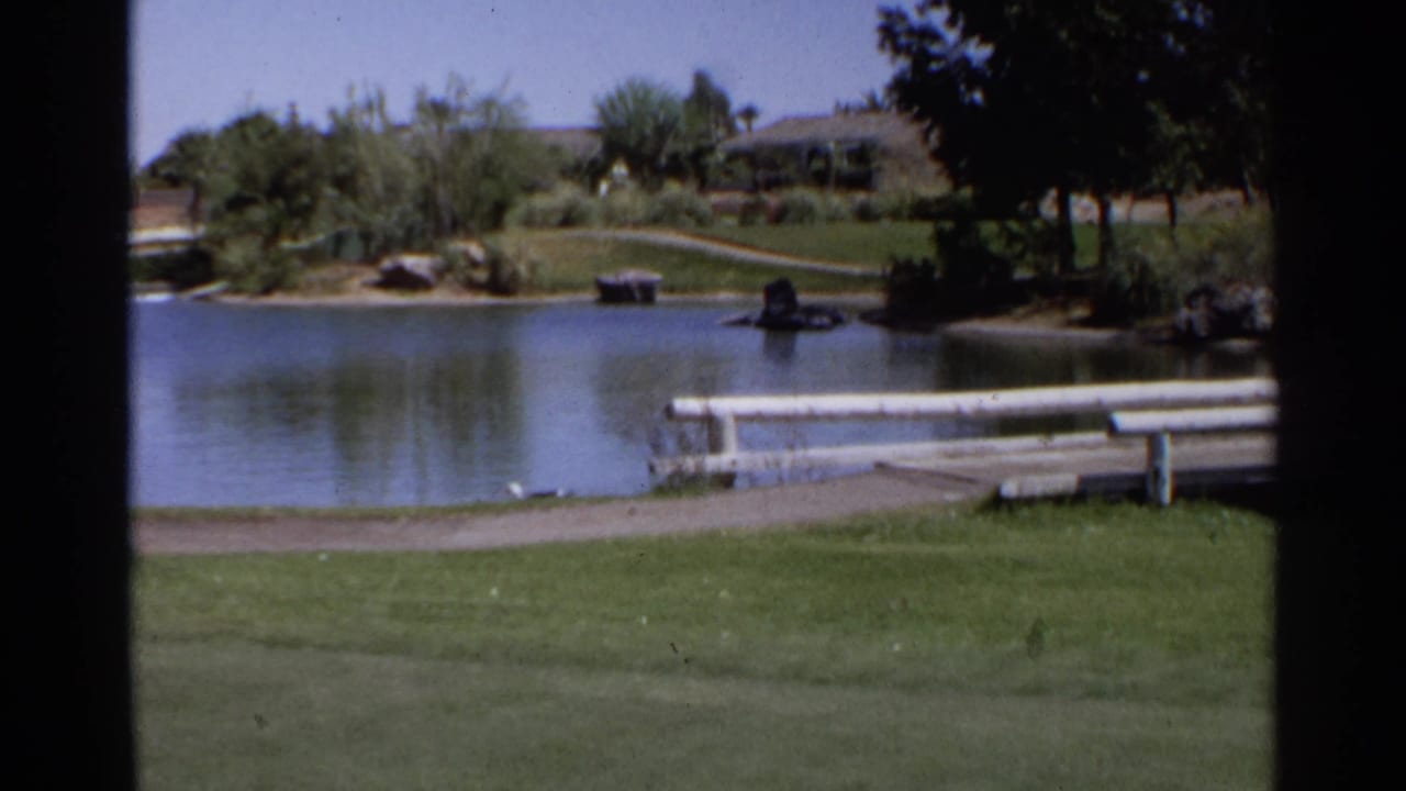 Pond with lawn, benches, rocks, trees, and low buildings beyond the water.