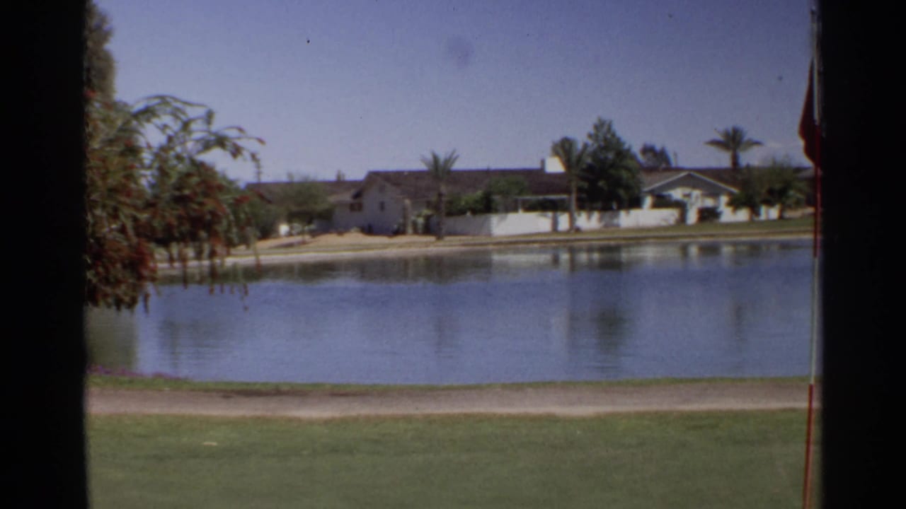 Pond with grassy bank, dirt path, distant houses, palm trees, and trees reflected in the water.