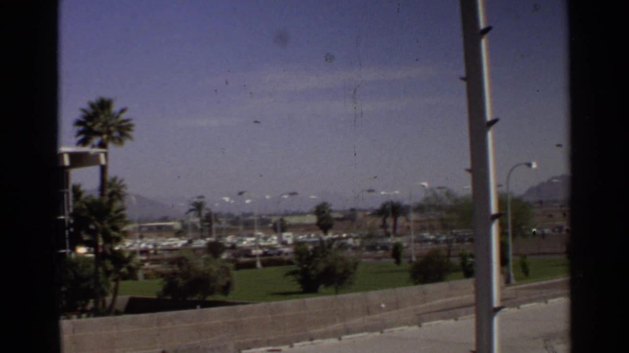 Roadside view with palm trees, a modern building edge, lawn, parked cars, and distant mountains.