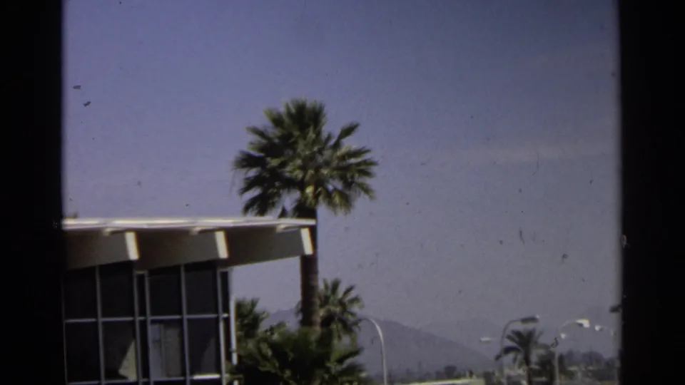1968 Scottsdale roadside frame with palm trees, the roofline of a modern low building, streetlights, blue sky, and distant mountains.