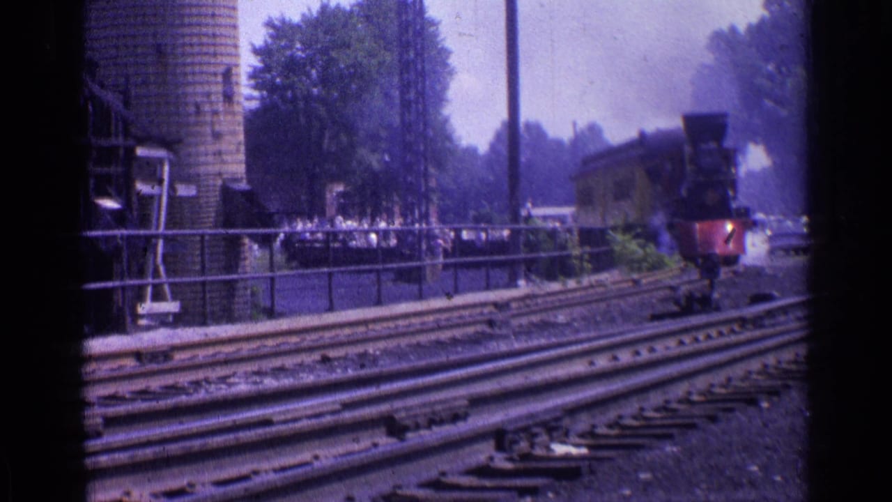 Steam locomotive passes close to the right side of the frame beside several tracks.