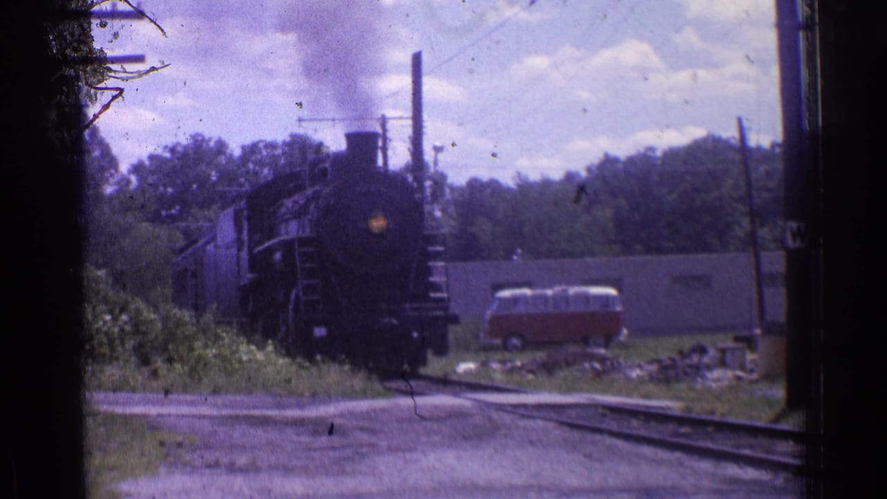 Black steam locomotive approaches on tracks near trees, utility poles, a small building, and a red-and-white van.