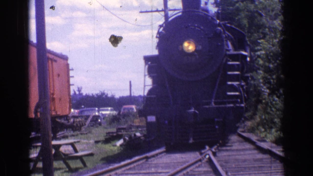 Steam locomotive approaching on tracks beside trees, a red rail car, parked cars, and a small table.
