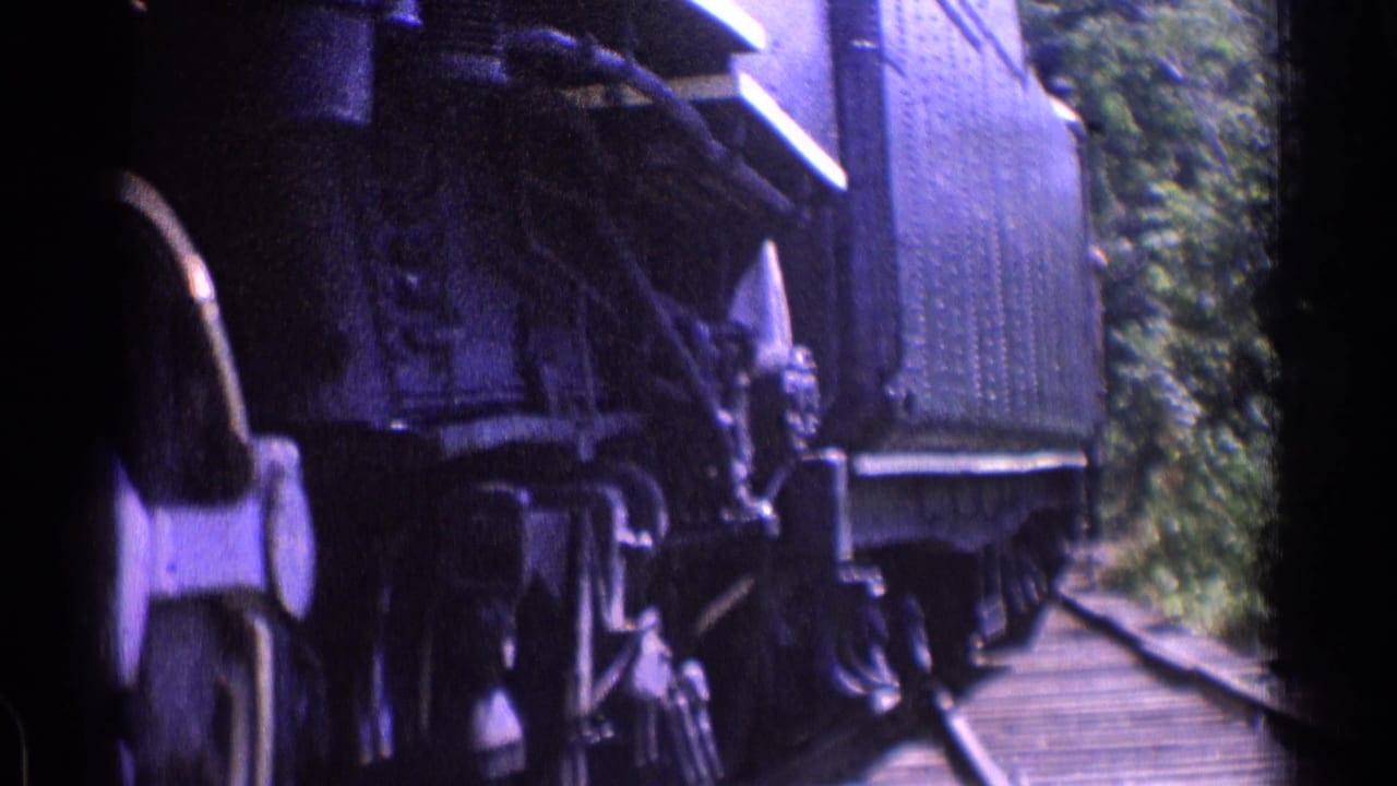 Steam locomotive and tender moving along rails with trees beside the track.