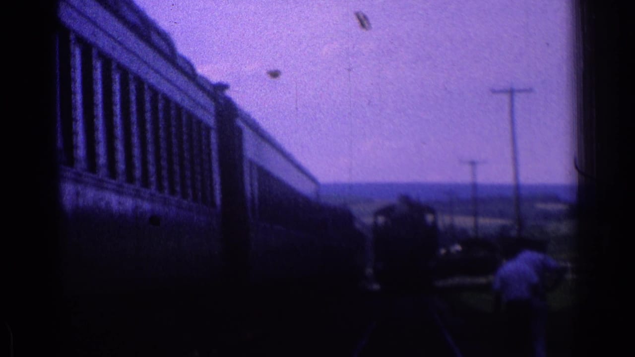 Train cars pass along the left with utility poles, open land, and a person near the track.