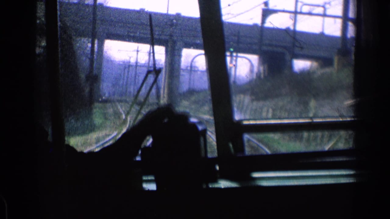 Dark vehicle interior looking through a windshield toward tracks or road edges and an overpass.