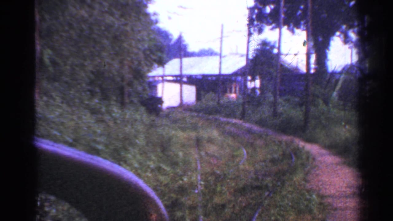 Curved railway track runs through dense greenery toward light-colored buildings.