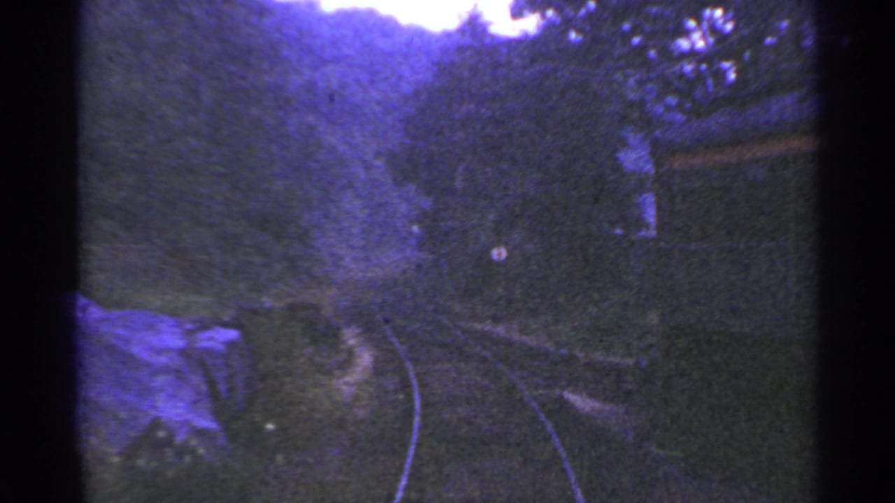 Forward view along train tracks through trees and hillside, framed by dark window edges.