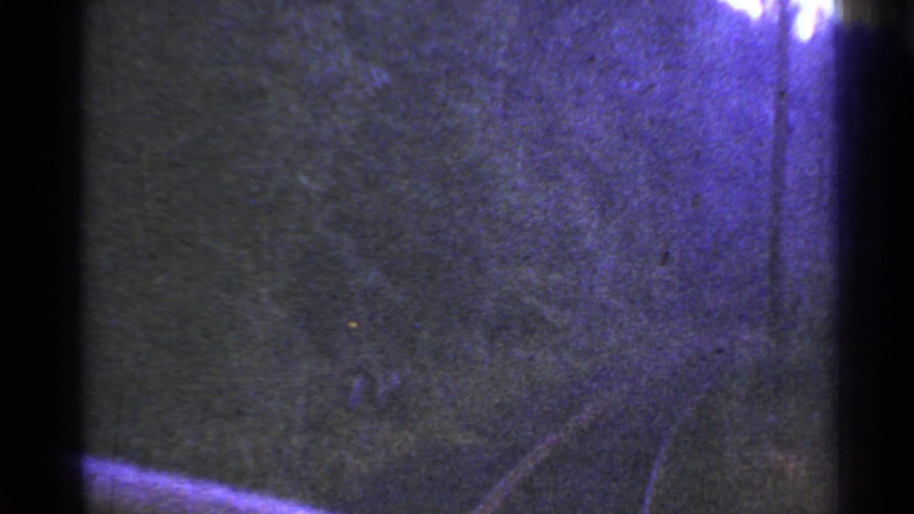 1953 Connecticut 8mm footage appears to show a dim roller coaster or ride track curving through dark trees.