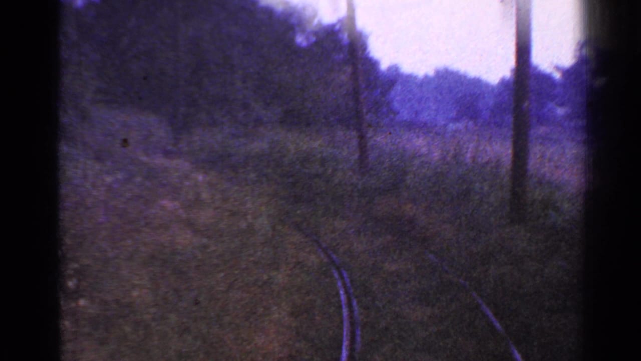 1953 Connecticut 8mm view of railroad tracks curving through a wooded rural area, with dark gate edges and purple color shift.