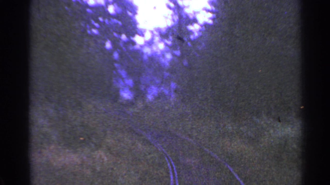 1953 Connecticut 8mm frame showing a forward view along curving rail tracks through a shaded wooded corridor.