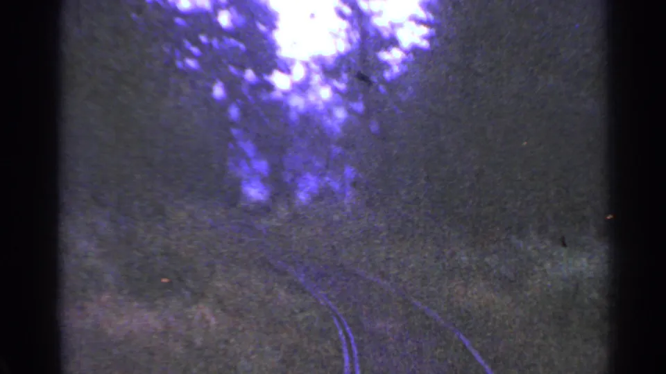 1953 Connecticut 8mm frame showing a forward view along curving rail tracks through a shaded wooded corridor.