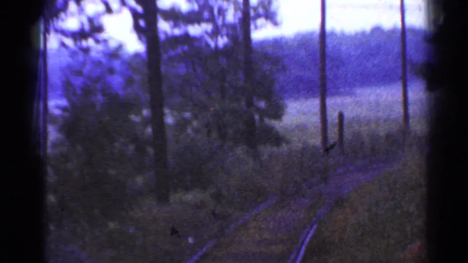 Forward rail-car view in Connecticut, with curving tracks, utility poles, trees, and a pale open area beyond the woods.