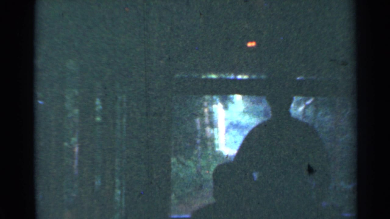Dim 1953 Connecticut train footage with two dark passenger shapes and passing wooded scenery through the windows.