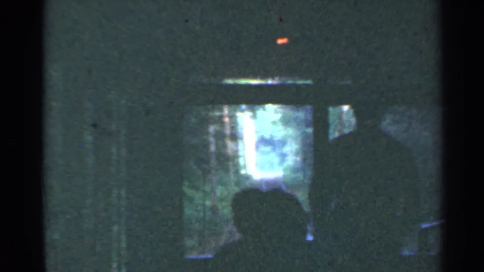 Inside a shadowy 1953 Connecticut train car, two silhouetted riders face a bright window with forest outside.