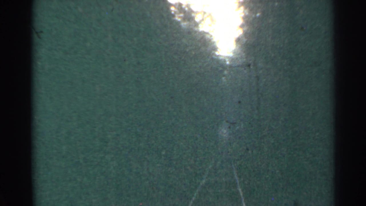 A soft, green-tinted 8mm frame from the Connecticut clip shows indistinct rail-like lines and dense dark vegetation, with no people or signage visible.