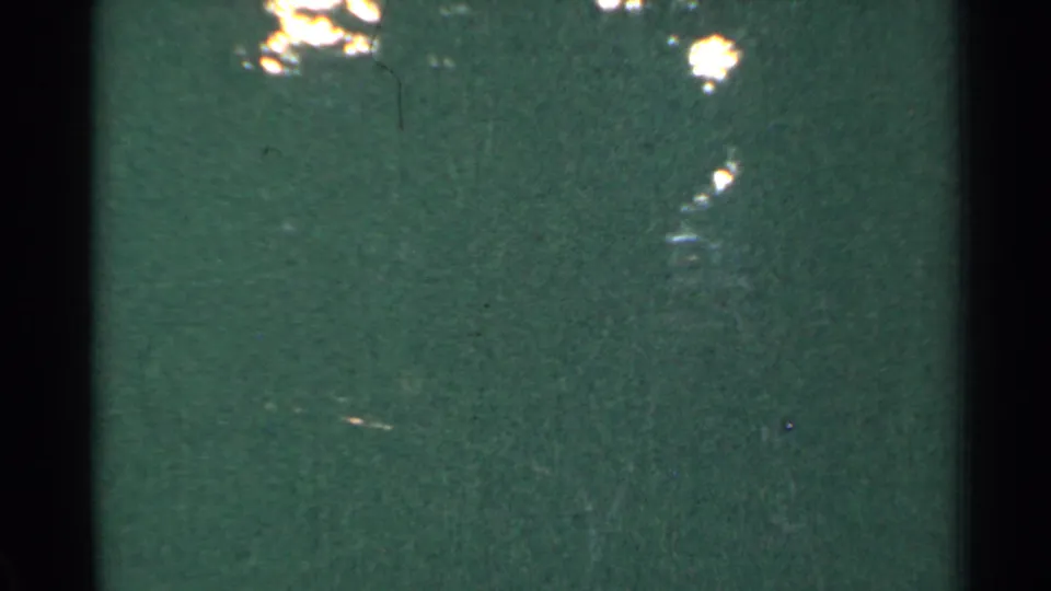 1953 Connecticut home-movie frame with green cast, heavy grain, dark edge shadow, scratches, and bright highlights against a wooded background.