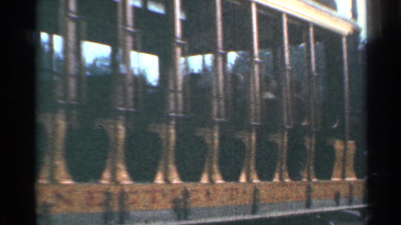 Trolley windows pass beside a low wall and trimmed shrubs near a track.