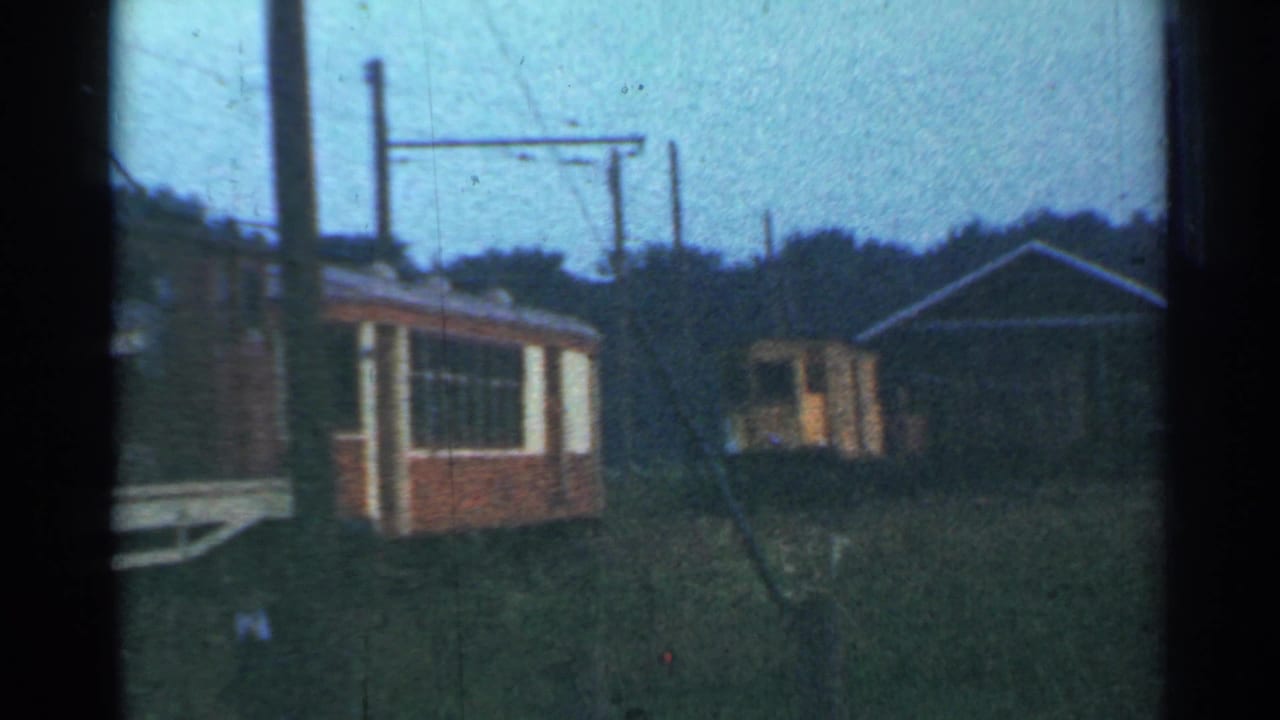 Rail car and small structure framed by poles, trees and overhead wires.