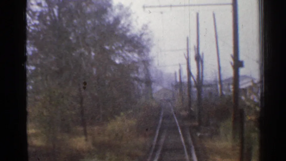 1953 Connecticut train POV showing tracks ahead, dense trackside trees, utility poles, wires, and a distant building.