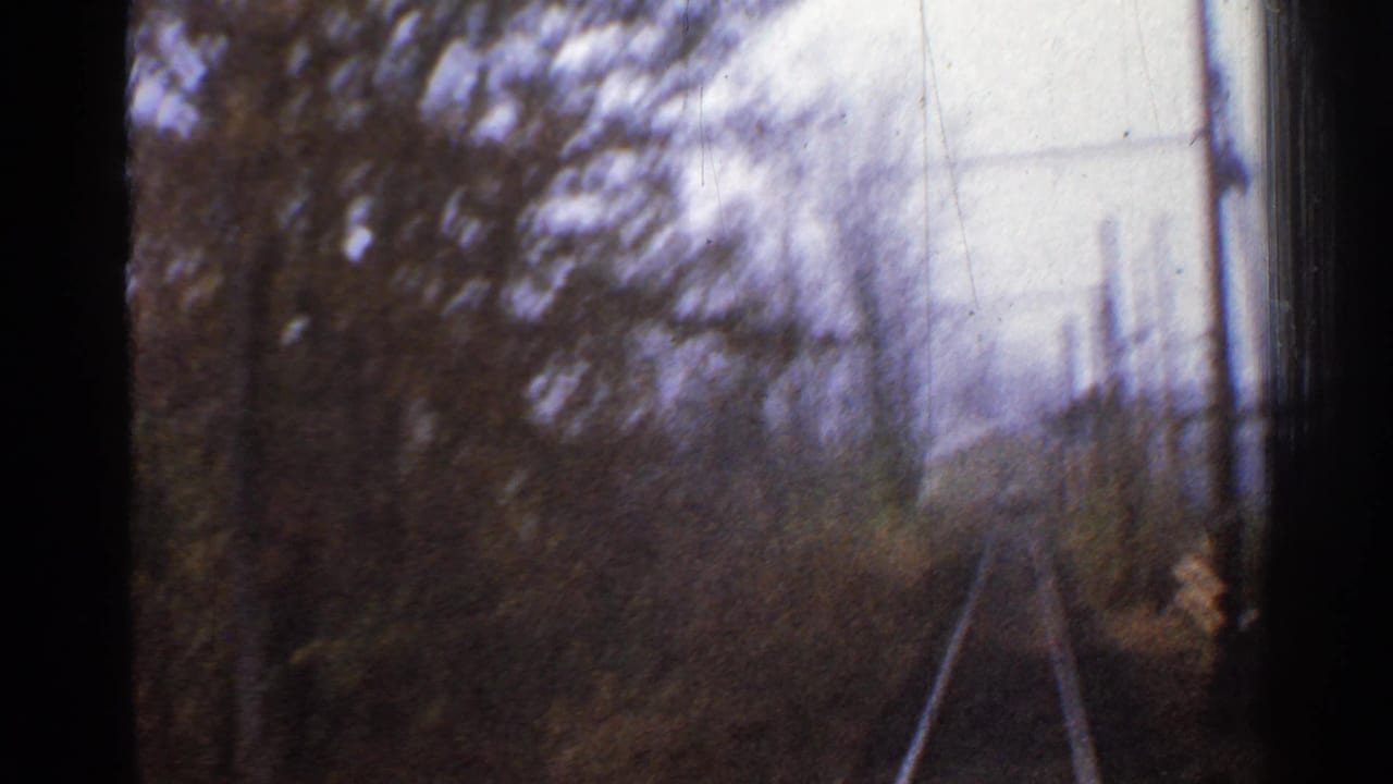 A soft 8mm view from a moving train shows Connecticut tracks receding through trees and utility poles in 1953.