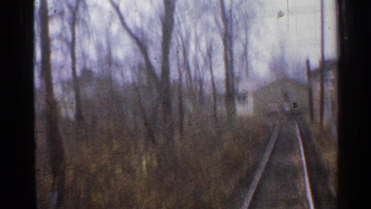 1953 Connecticut 8mm frame looking down railroad tracks from a moving train, with bare trees, brush, and soft focus.