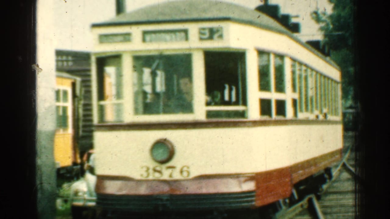 Cream and brown trolley car number 3876 approaches on tracks beside trees.