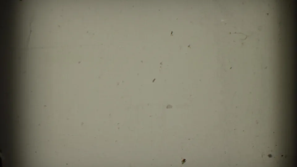 A mostly blank 8mm frame from the supplied 1953 clip, showing film grain, dust, scratches, vignetting, and a dark vertical gate edge.