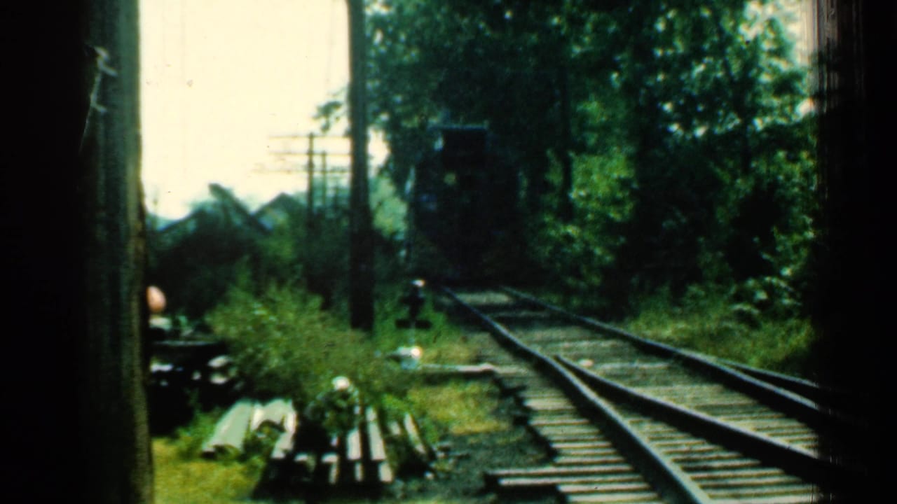 1953 Connecticut 8mm frame showing railroad tracks through dense greenery with a distant train approaching.
