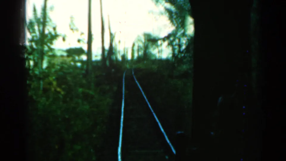 Soft 8mm frame of a Connecticut rail line curving through trees, with a faint structure partly obscured beyond the foliage.