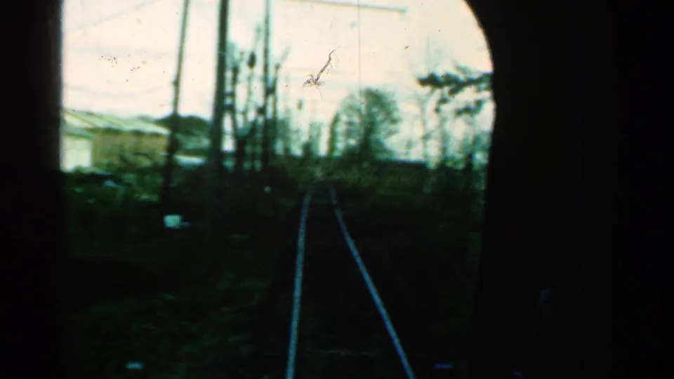 Soft 8mm frame from a moving train, showing tracks ahead, trees, utility poles, and a low building to the left in Connecticut.