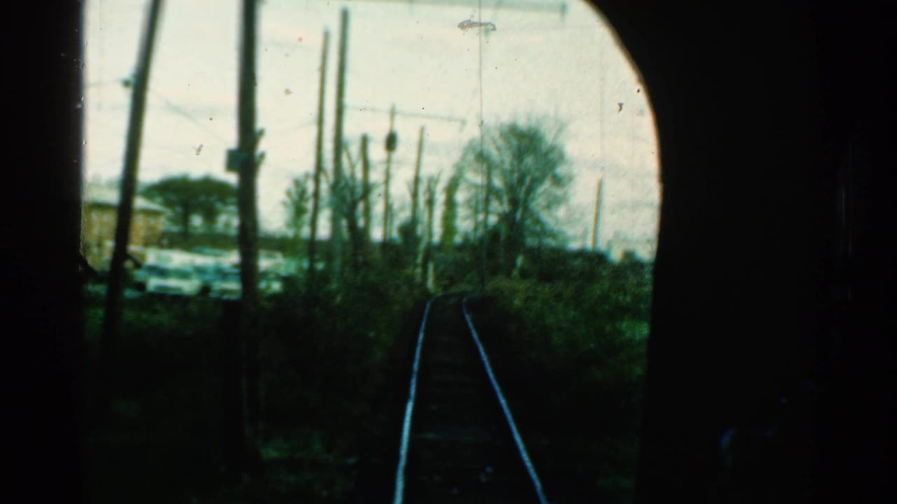 Curving railroad tracks seen through a dark arched train window with poles and brush beside the line.