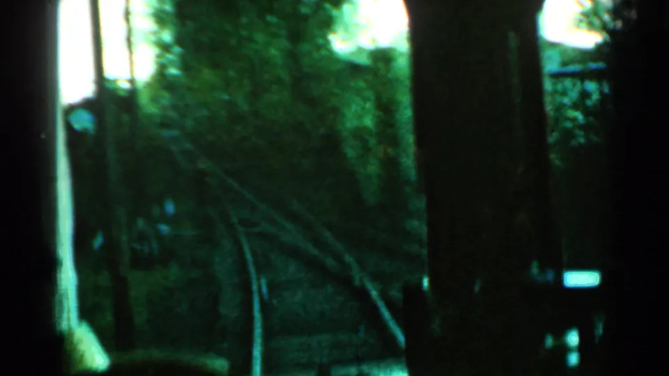 Green-tinted 1953 Connecticut 8mm view of rail tracks receding through trees from a moving train.